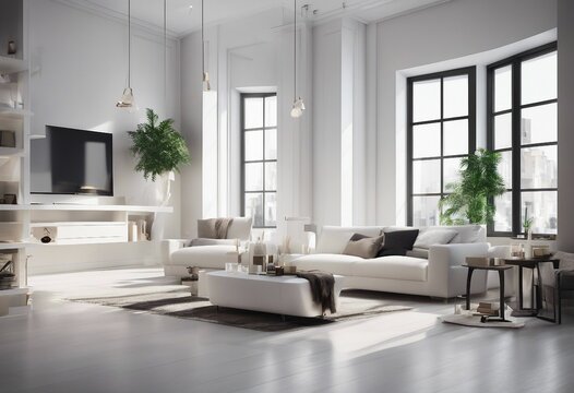 White apartment panorama interior 3d render