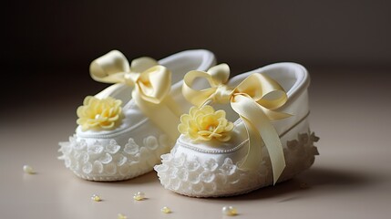 Obraz na płótnie Canvas closeup of baby shoes, baby shower decoration.