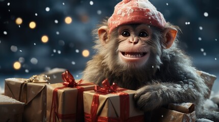 Smiling, funny monkey in a santa hat with gift boxes on a blurred Christmas background with copy...
