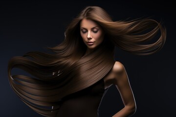 Naklejka premium Confident Woman with Flowing Brown Hair and Hands on Hips