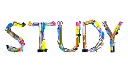 word of STUDY made from various kinds of stationary isolated on transparent background