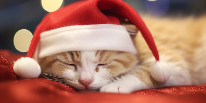 Santa Paws Relaxes -  cat is nestled on a vibrant red blanket