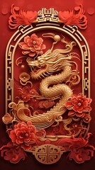 Golden dragon with ​vintage Victorian​ metal​Leaves​ on red background