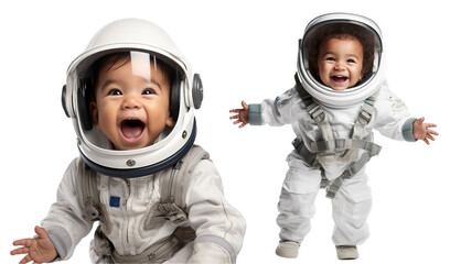 cute happy hispanic baby toddler kid dressed like an astronaut on transparent background