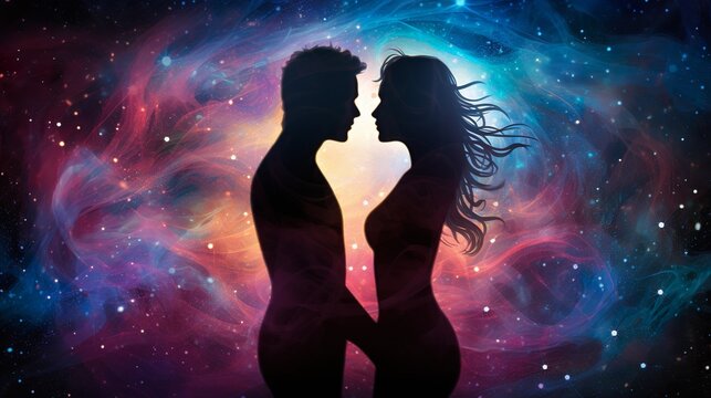 Spiritual representation of the silhouette of a couple of man and woman on a cosmic background
