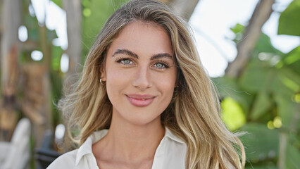 Fototapeta premium Cheerful young blonde woman exuding confidence, joyfully smiling while standing in a sunny park, reveling in the green beauty of nature - a radiant portrait capturing her contagious happiness.