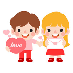 happy valentines day teen couple clipart. Romantic girl and boy giving heart gift