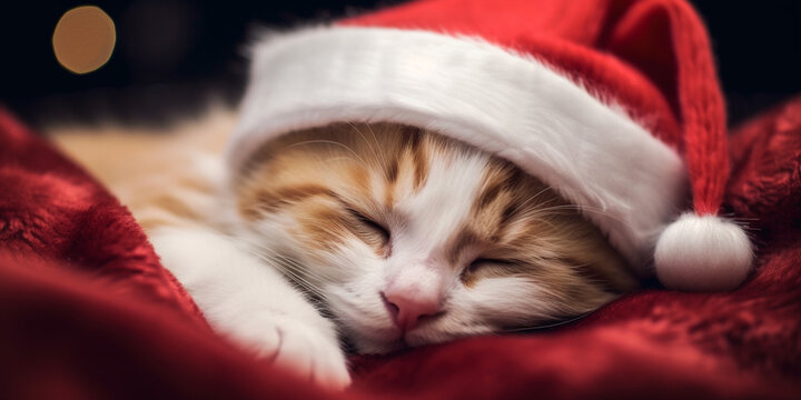 Santa Paws Relaxes -  cat is nestled on a vibrant red blanket