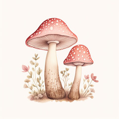 Pink toadstool isolated on white. Cute whimsical mushroom in watercolour illustration.