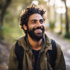 Handsome hispanic man with beard smiling happy outdoors, ai technology
