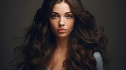 Fototapeta premium Beautiful girl with long shiny curly hair Beautiful smiling woman Model with wavy hairstyle Cosmetics and makeup