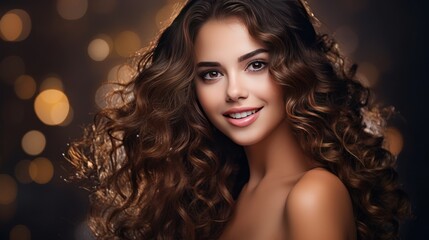 Fototapeta premium Beautiful girl with long shiny curly hair Beautiful smiling woman Model with wavy hairstyle Cosmetics and makeup
