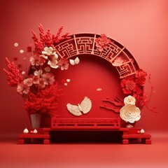 podium, square box podium and Chinese New Year paper art, Chinese festival, Mid-Autumn Festival, red paper cut, fan, flowers and Asian elements with craft style on red background.