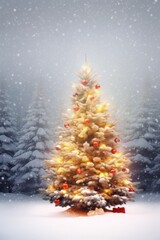 The Christmas tree is decorated winter snow falling and red festival background Christian holiday scene