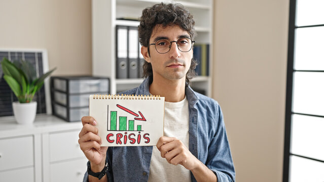 Young hispanic man business worker holding crisis banner at office