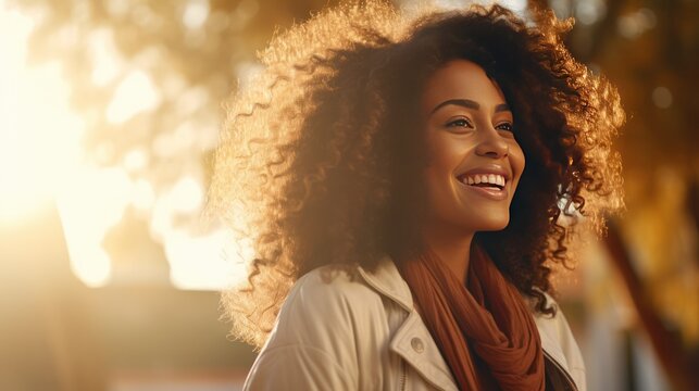 Close-up.Beauty portrait of African American woman with healthy, clean skin on beige background.Smiling dreamy beautiful African American woman with curly black hair.