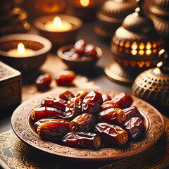 A beautifully arranged plate of dates, a traditional food for breaking fast during Ramadan. The dates are carefully placed on an ornate plate