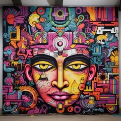 Obraz premium Colorful Mural of a Woman's Face Portraying Vibrant and Expressive Emotions