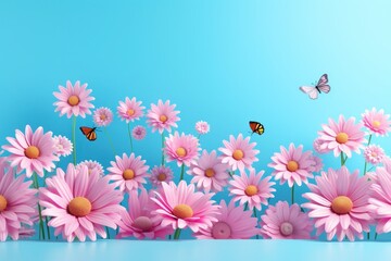 Set of daisies, sunflowers and bee cartoon flowers on a blue background.