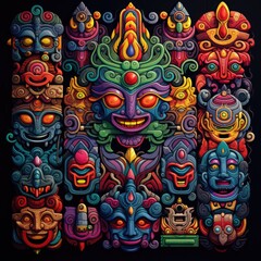 Colorful Masks Dance in the Shadows of a Midnight Canvas