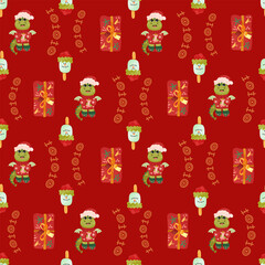 Christmas and Happy New Year seamless pattern with Christmas toys, gifts and sweets. Trendy retro style. 