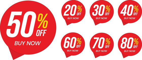 Different percent discount sticker discount price tag set. Red round speech bubble shape promote buy now with sell off up to 20, 30, 40, 50, 60, 70, 80 percentage. Sign for advertising campaign. - obrazy, fototapety, plakaty