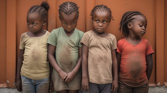 Young Haitian Orphans Standing Together Against Orange Background