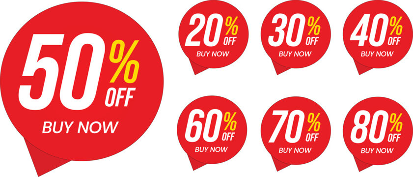 Different percent discount sticker discount price tag set. Red round speech bubble shape promote buy now with sell off up to 20, 30, 40, 50, 60, 70, 80 percentage. Sign for advertising campaign.