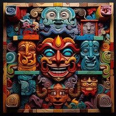 Obraz premium A Kaleidoscope of Expressions: A Colorful Mask with Faces Galore