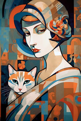 ai generated, woman and cat ilustration, 1920s and 30s aesthetic, art deco paterns