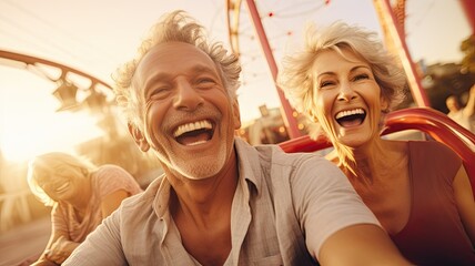 Portrait of a happy senior people on the roller coaster with dawn sunset sky background.