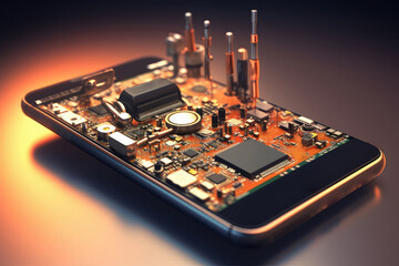 Phone mobile application development concept. Develop Software, hardware of mobile devices. Phone apps engineering. Electronic world inside smartphone. Programming of mobile internet web services.