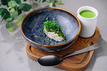 Broccoli cream soup on top view