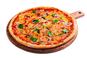 Delicious hot vegetable pizza on wood