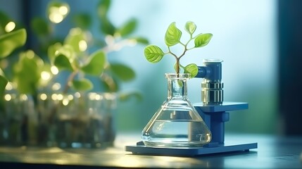 Young plants in narrow glass flasks laboratory green plants Laboratory - obrazy, fototapety, plakaty
