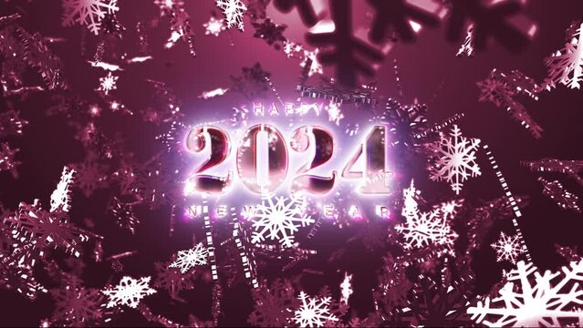 2024 Happy new year glow text with falling glow snowflakes and flare light burst cinematic title abstract background. Happy New Year 2024 shining text winter light.festive background concept.