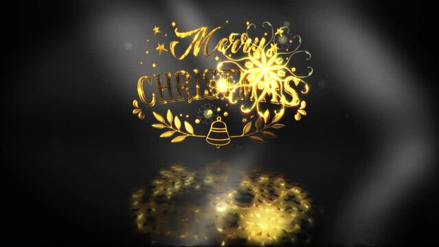 Golden text Merry Christmas with beautiful glow snowflakes particles animation cinematic title background. Christmas Happy New Year opening animation background.