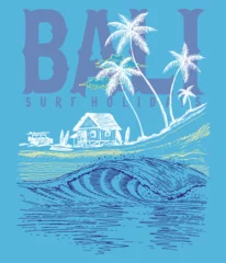 Zelfklevend Fotobehang Bali surf vacation vector design. Vector illustration of stylized tropical landscape. Art in simple and relaxed lines with an allusion to surfing. Design for decoration, print on t-shirts and etc. © Ghost
