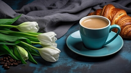 Cup of latte, croissant and bouquet of tulips on a  table. 