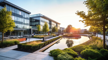 Modern Architecture and Cozy Park Serenity, Featuring a Contemporary Office Building Surrounded by Lush Greenery and Inviting Benches for Relaxation and Reflection