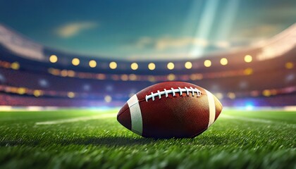 American football ball on a green grass stadium background; hyper realistic photo