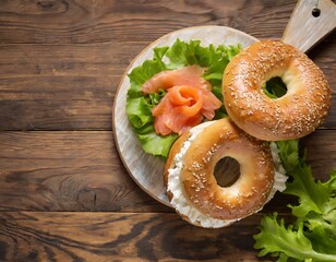 Bagels with salmon, cream cheese and lettuce on a wooden table; top view; copy space