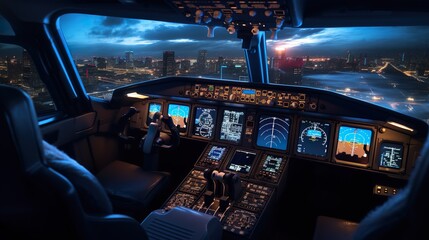 cockpit of a passenger plane airplane interior, pilot seat pilot windshield during flight in the sky above the clouds. - obrazy, fototapety, plakaty