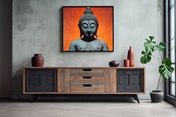  a contemporary home interior with a wooden cabinet and dresser against a raw concrete backdrop. A vacant mock-up poster frame on the wall serves as a platform for your artistic expressions, enhancing