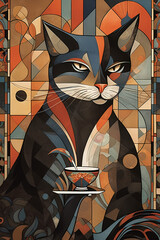 ai generated, cat ilustration, 1920s and 30s aesthetic, art deco paterns	