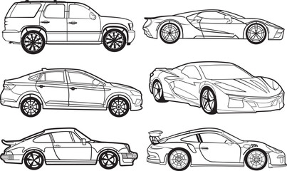 Silhouette cars on a white background with 300 dpi, EPS, and Ai. SVG is best for laser cutting and printing