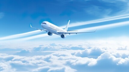 Fototapeta na wymiar Airplane in the sky. The plane is flying between the clouds. Flat illustration