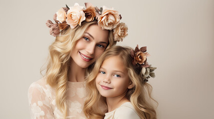 European woman with her daughter wearing a floral wreath on their heads,, love of mum and daughter concept 
