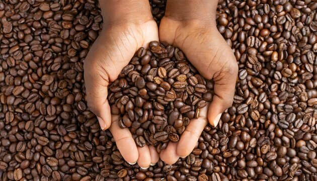 Medium shot of a hands holding a coffee beans top view with coffee beans as background, conceptual image