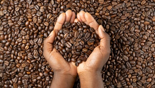 Medium shot of a hands holding a coffee beans top view with coffee beans as background, conceptual image